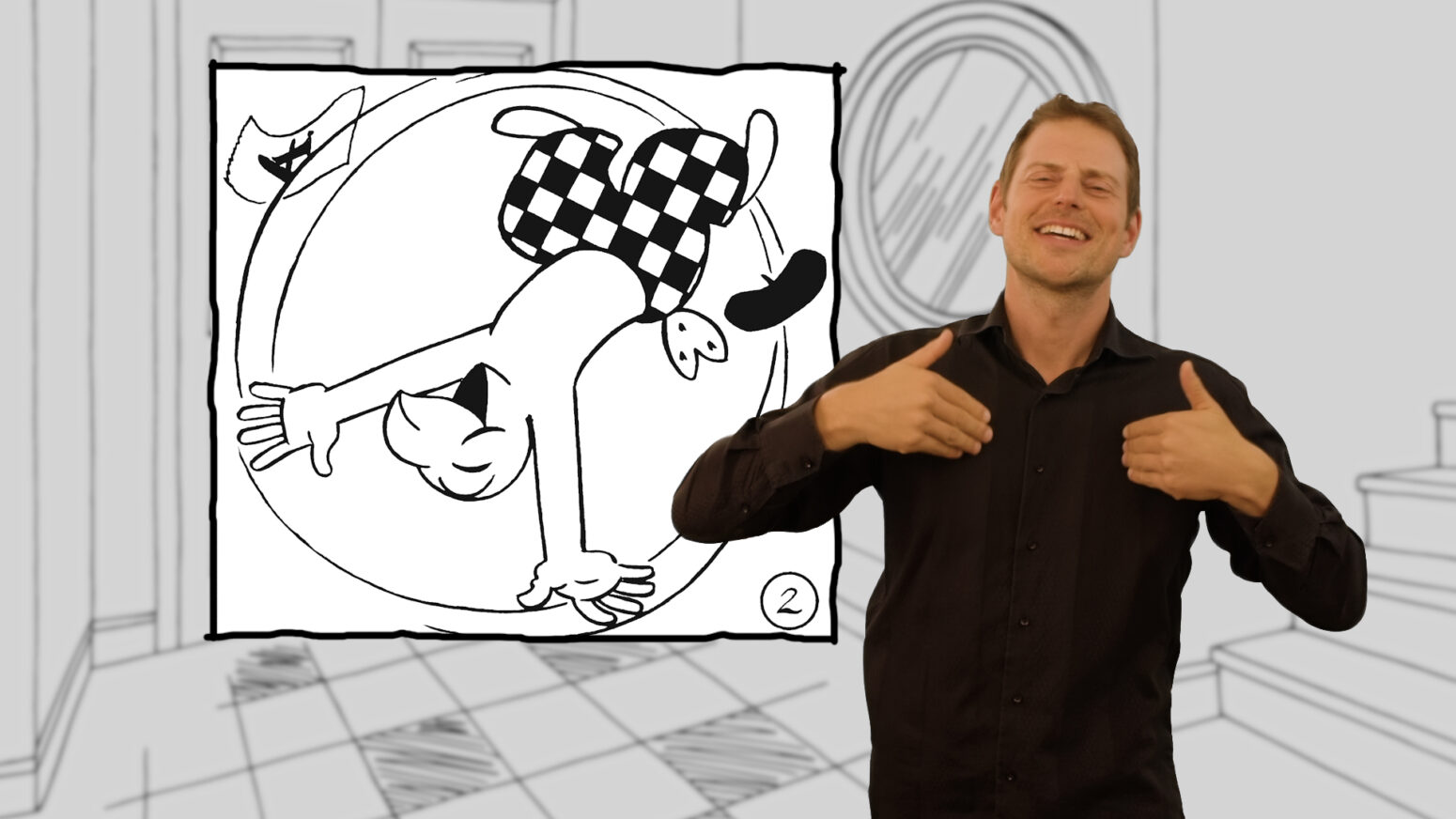 Vorschau zu den übersetzten Globigeschichten in Gebärdensprache. Links ist ein Bild von Globi zu sehen. Globi schlägt ein Radschlag, weil er sich freut. Rechts steht Emanuel Nay und gebärdet.