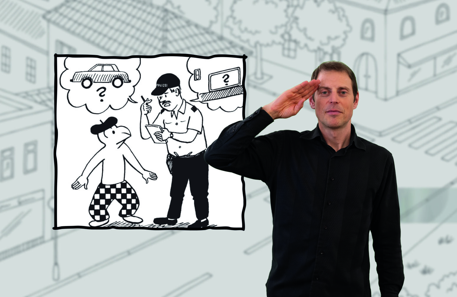 Das Bild zeigt einen Ausschnitt aus dem verfilmten Kindermodul "Globi hilft der Polizei". Der Darsteller gebärdet das Wort Polizei.